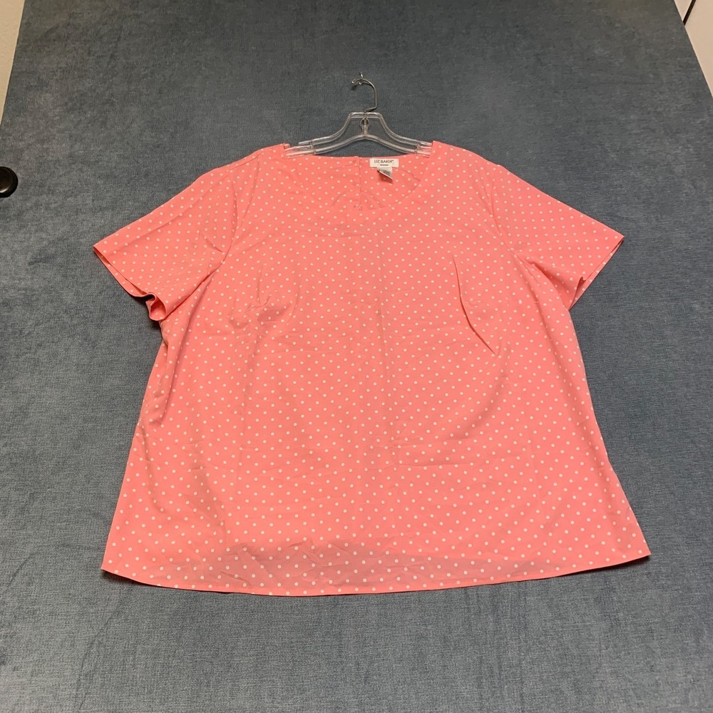 Liz Baker Blouse Womens 22W Pink White Polka Dot Short Sleeve Casual Pullover